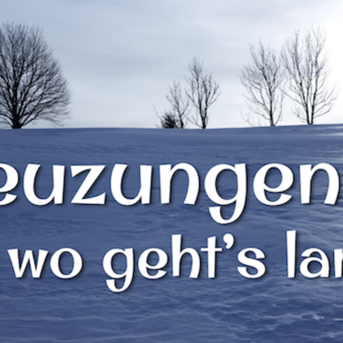 Verschneite Winterlandschaft mit Schriftzug Kreuzungen ... und wo geht's lang?